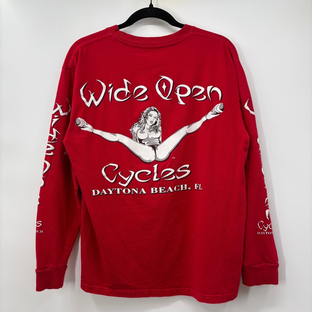Wide Open Cycles Mens Medium Daytona Beach FL Red Long Sleeve Graphic T-Shirt